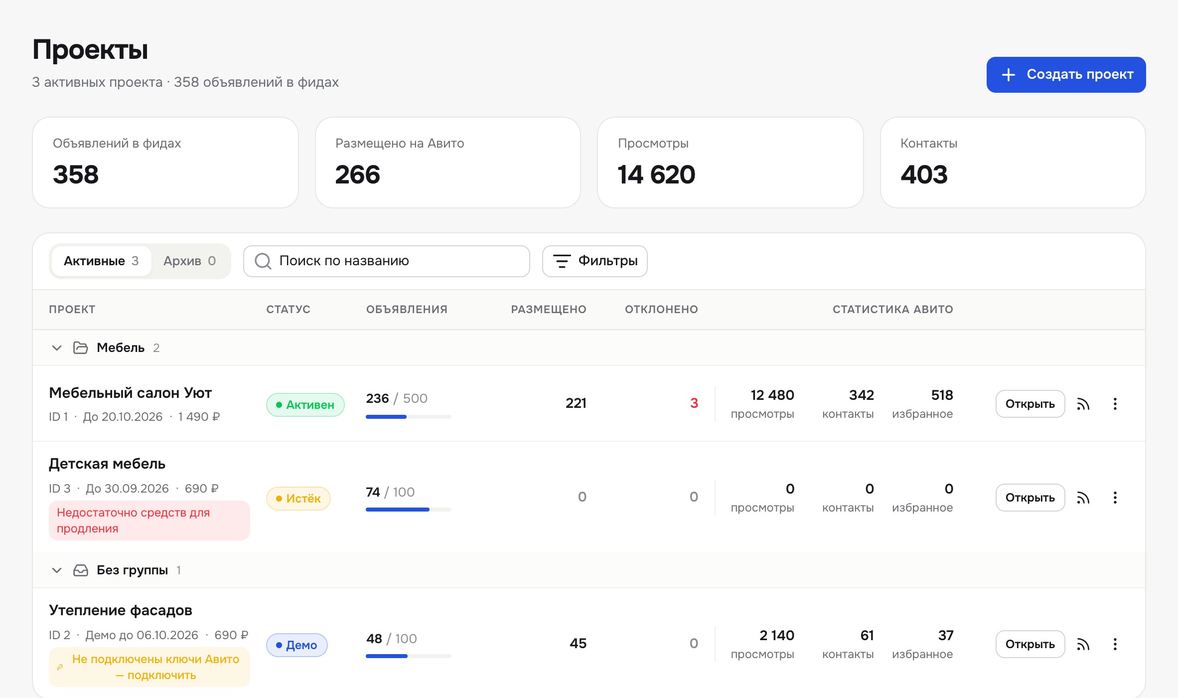 Список проектов: сводка, вкладки «Активные/Архив», строки проектов