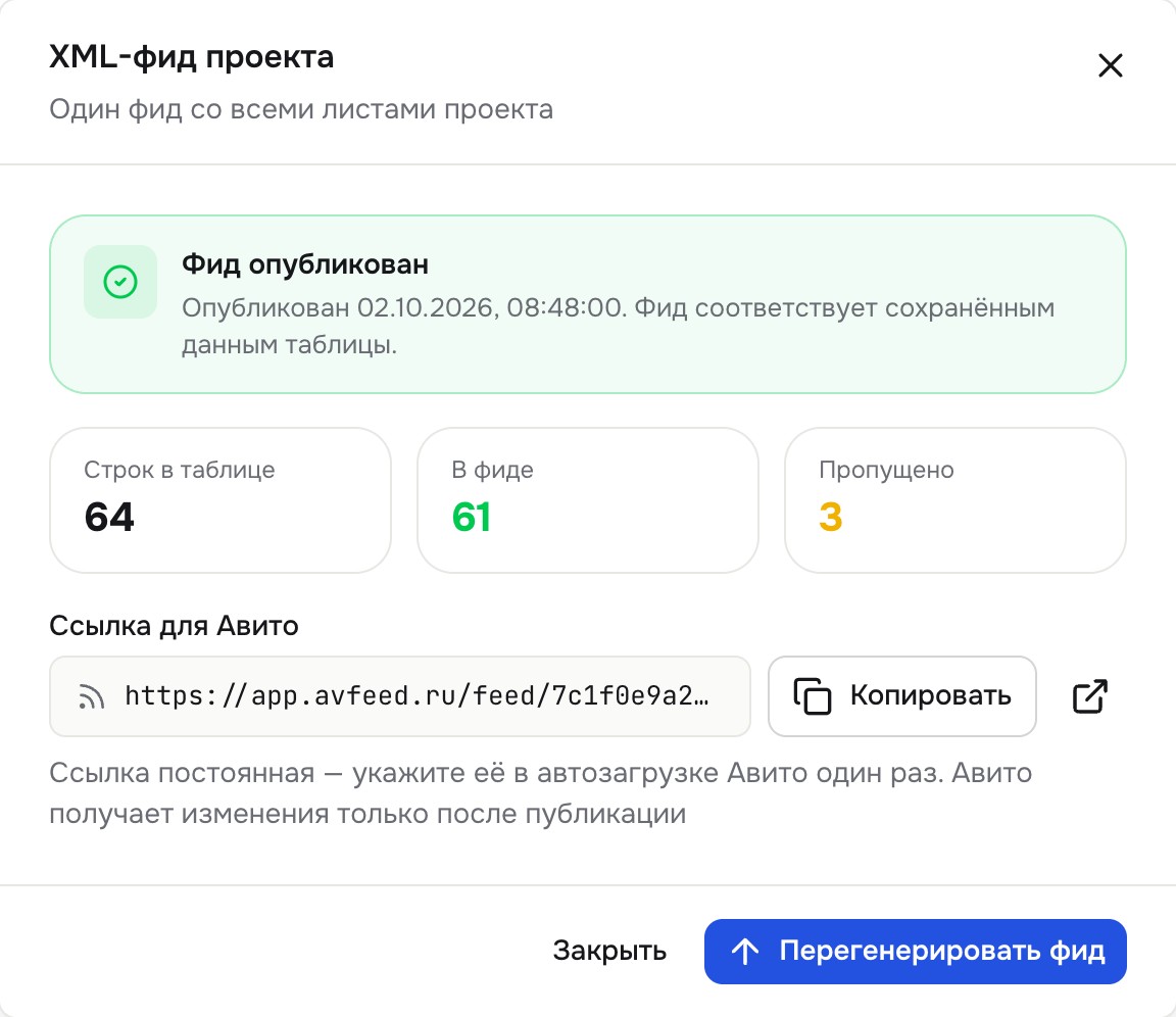 Окно «XML-фид проекта»: статус публикации, счётчики и ссылка для Авито