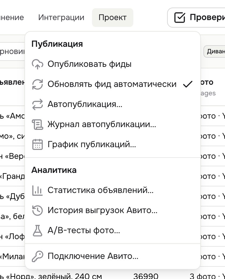 Меню «Проект» с флажком «Обновлять фид автоматически»
