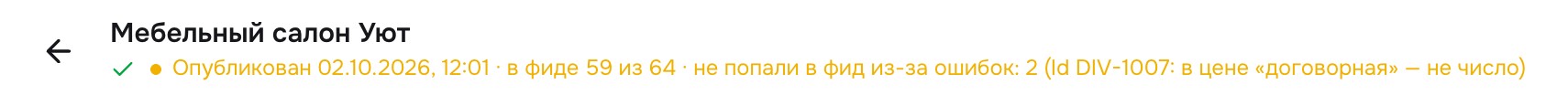 Строка статуса фида: «в фиде N из M · не попали в фид из-за ошибок: K»